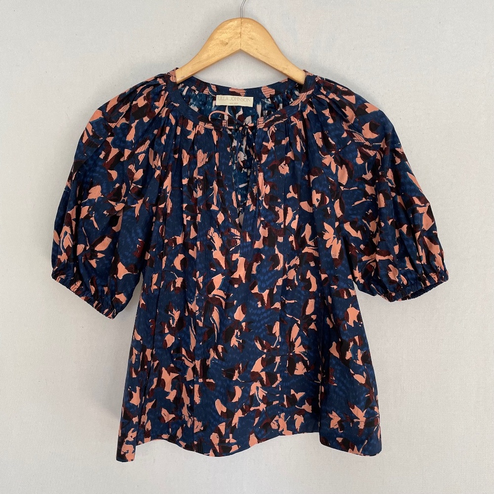 ULLA JOHNSON Size 2 Loli Pleated Printed Cotton Short Sleeve Blouse in Mirage